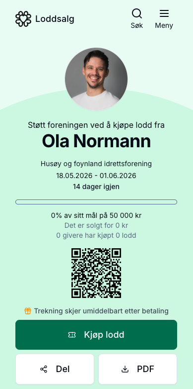 Selgerprofil med QR-kode, framgangsindikator og dele-knapper